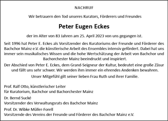 Traueranzeige von Peter Eugen Eckes von Allgemeine Zeitung Mainz