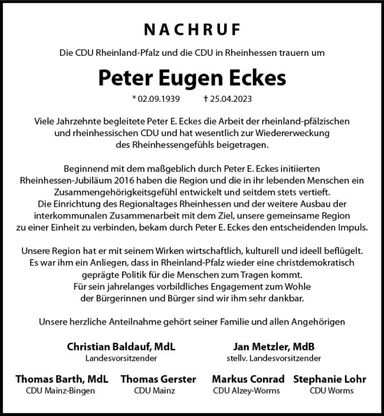 Traueranzeige von Peter Eugen Eckes von Allgemeine Zeitung Bingen/Ingelheim