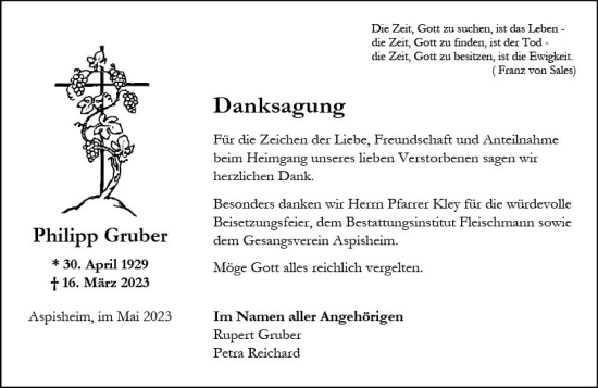 Traueranzeige von Philipp Gruber von Allgemeine Zeitung Bingen/Ingelheim