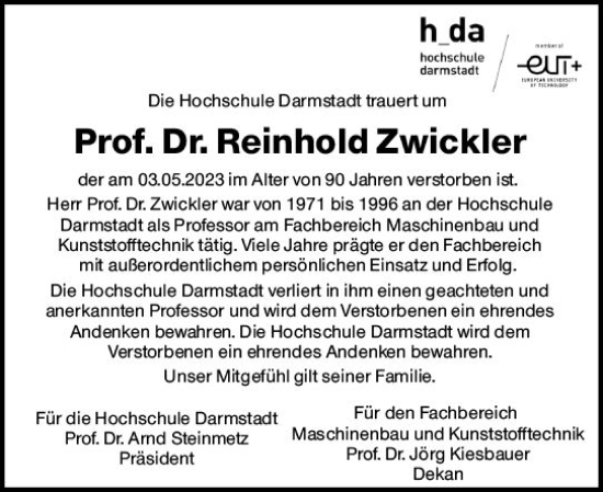 Traueranzeige von Reinhold Zwickler von Darmstädter Echo