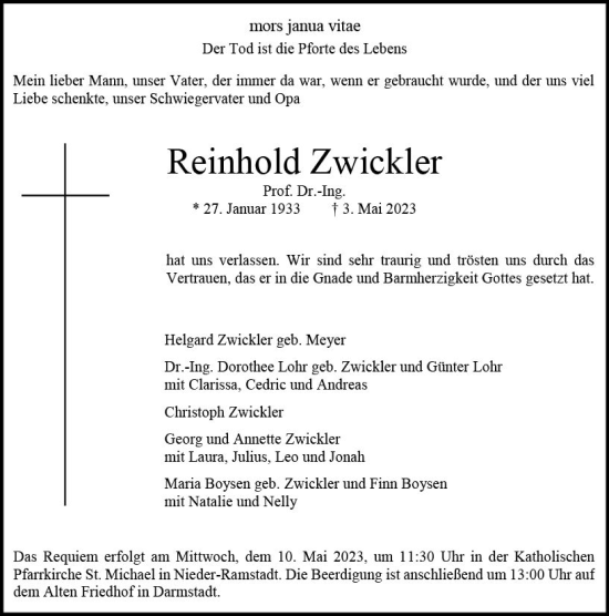 Traueranzeige von Reinhold Zwickler von Darmstädter Echo