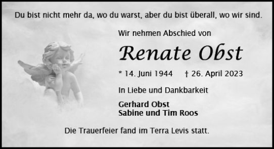 Traueranzeige von Renate Obst von Wiesbadener Kurier