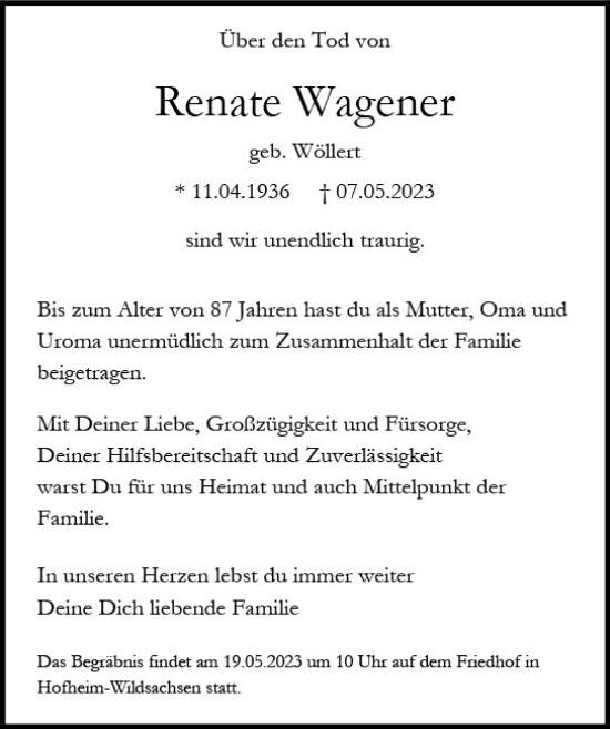 Traueranzeige von Renate Wagener von Wiesbadener Kurier
