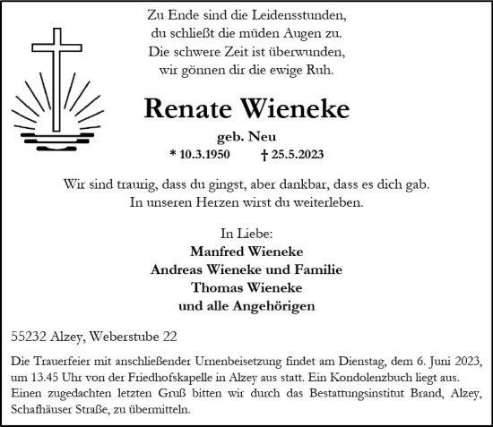 Traueranzeige von Renate Wieneke von Allgemeine Zeitung Alzey