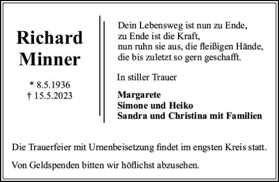 Traueranzeige von Richard Minner von Rüsselsheimer Echo