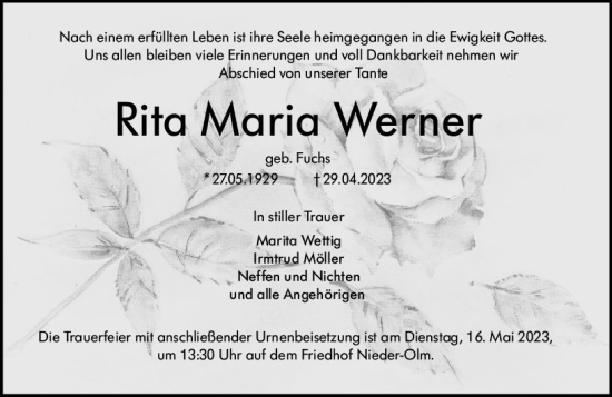 Traueranzeige von Rita Maria Werner von Allgemeine Zeitung Mainz