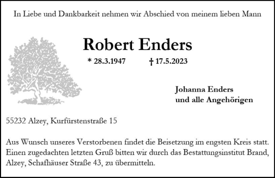 Traueranzeige von Robert Enders von Allgemeine Zeitung Alzey