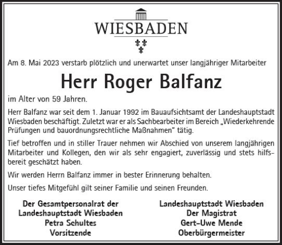 Traueranzeige von Roger Balfanz von Wiesbadener Kurier