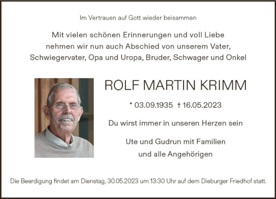 Traueranzeige von Rolf Martin Krimm von Dieburger Anzeiger/Groß-Zimmerner Lokal-Anzeiger