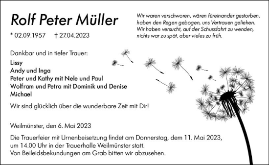 Traueranzeige von Rolf Peter Müller von Weilburger Tageblatt