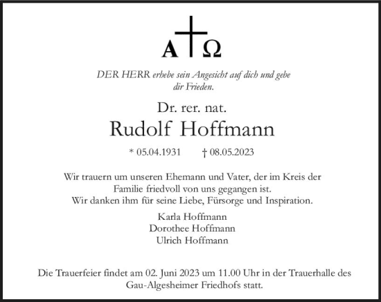 Traueranzeige von Rudolf Hoffmann von Allgemeine Zeitung Bingen/Ingelheim