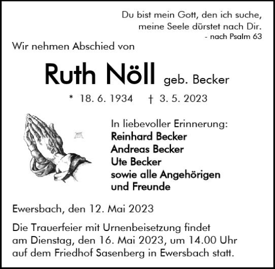 Traueranzeige von Ruth Nöll von Dill Block