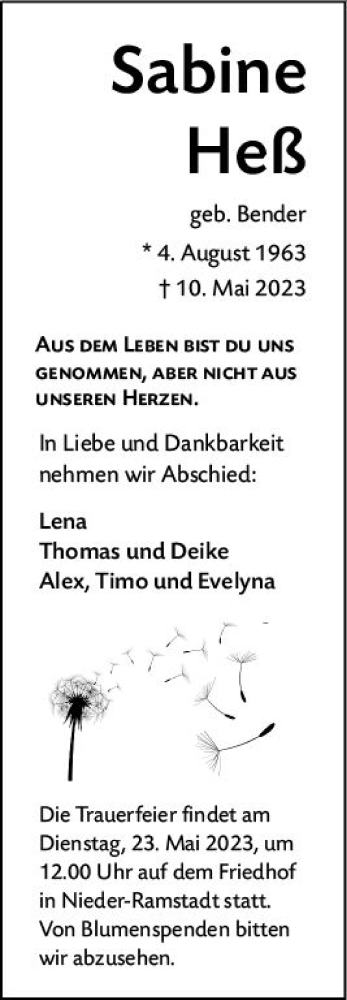 Traueranzeige von Sabine Heß von Darmstädter Echo