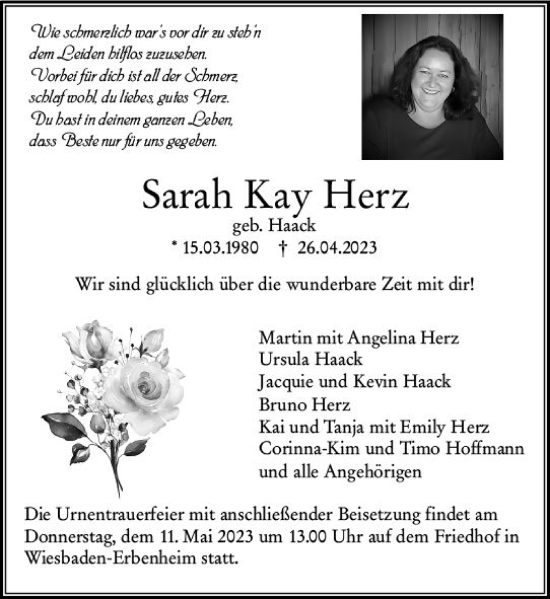 Traueranzeige von Sarah Kay Herz von Wiesbadener Kurier