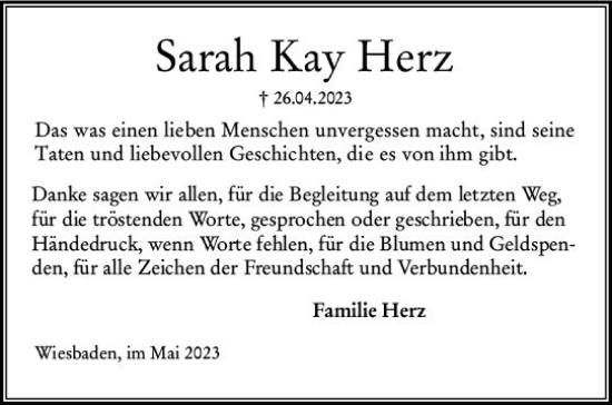 Traueranzeige von Sarah Kay Herz von Wiesbadener Kurier