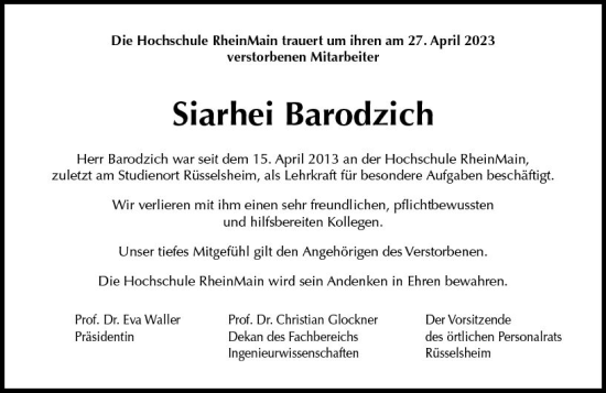 Traueranzeige von Siarhei Barodzich von Wiesbadener Kurier