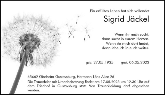 Traueranzeige von Sigrid Jäckel von Rüsselsheimer Echo