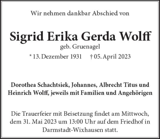 Traueranzeige von Sigrid Erika Gerda Wolff von Darmstädter Echo