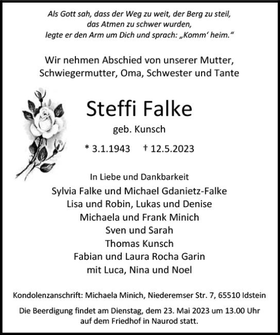 Traueranzeige von Stefanie Falke von Wiesbadener Kurier