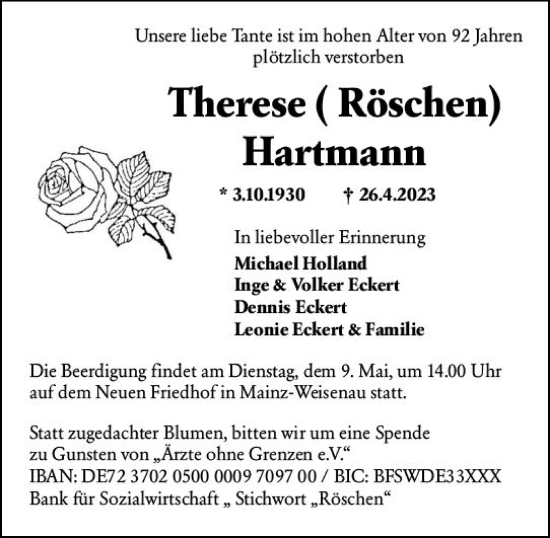 Traueranzeige von Therese Hartmann von Allgemeine Zeitung Mainz