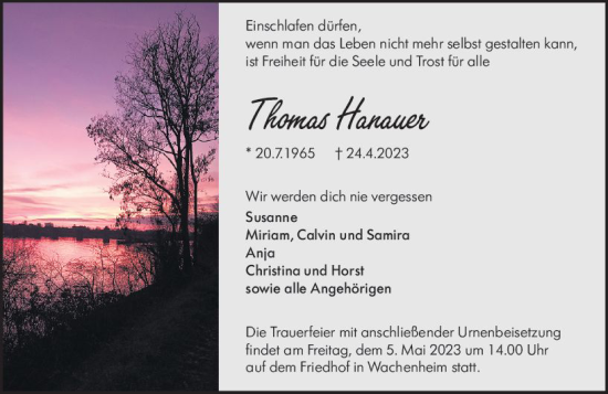 Traueranzeige von Thomas Hanauer von Wormser Zeitung