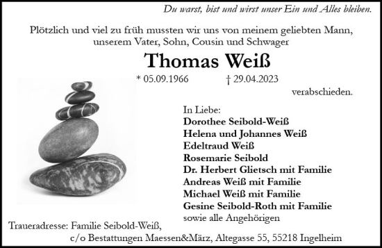 Traueranzeige von Thomas Weiß von Allgemeine Zeitung Bingen/Ingelheim