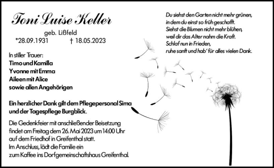 Traueranzeige von Toni Luise Keller von Wetzlarer Neue Zeitung