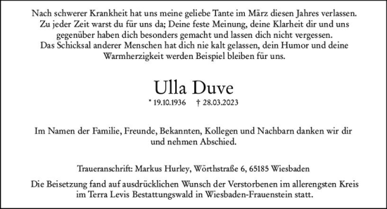 Traueranzeige von Ulla Duve von Wiesbadener Kurier