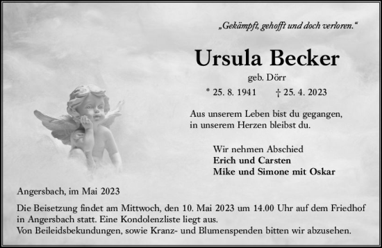 Traueranzeige von Ursula Becker von VRM Trauer