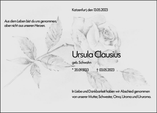 Traueranzeige von Ursula Clausius von Wetzlarer Neue Zeitung