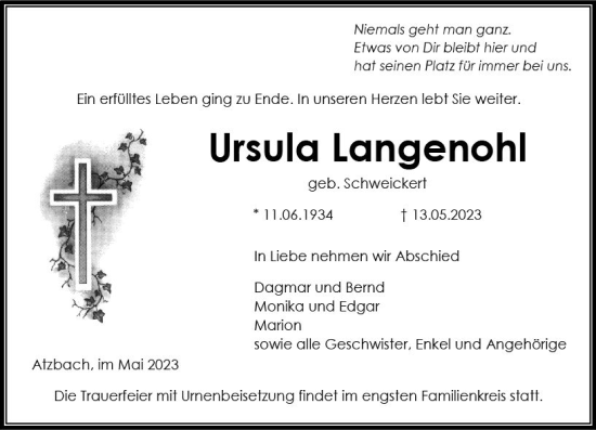 Traueranzeige von Ursula Langenohl von Wetzlarer Neue Zeitung