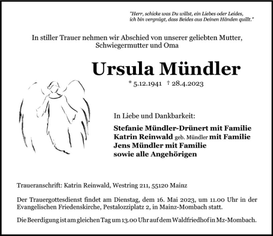 Traueranzeige von Ursula Mündler von Allgemeine Zeitung Mainz