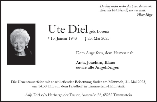 Traueranzeige von Ute Diel von Wiesbadener Kurier