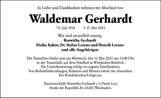 Traueranzeige von Waldemar Gerhardt von Wiesbadener Kurier