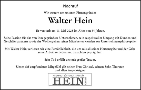 Traueranzeige von Walter Hein von Wiesbadener Kurier