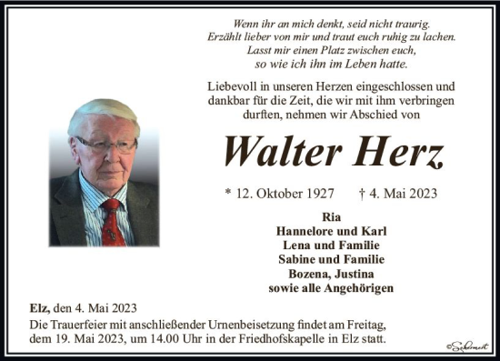 Traueranzeige von Walter Herz von Nassauische Neue Presse
