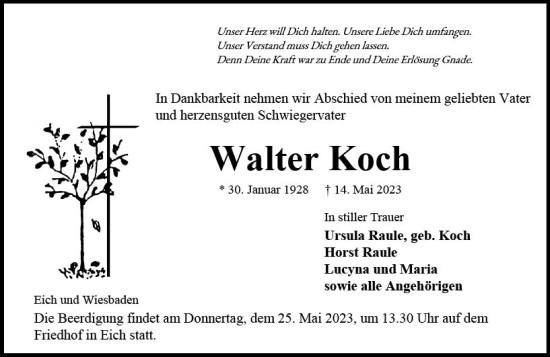 Traueranzeige von Walter Koch von Wormser Zeitung