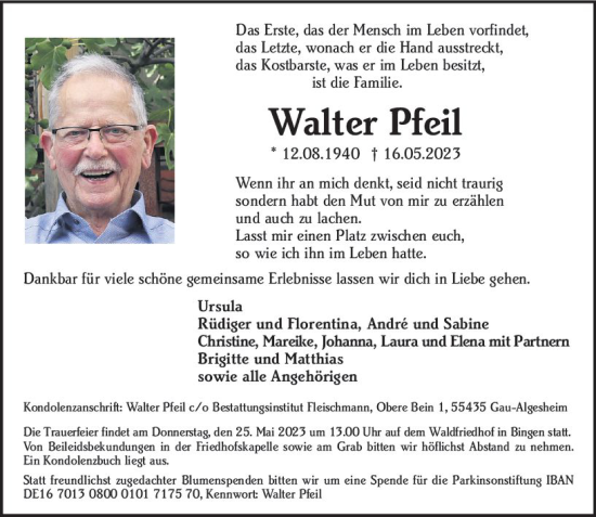 Traueranzeige von Walter Pfeil von Allgemeine Zeitung Bingen/Ingelheim