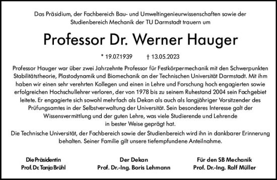 Traueranzeige von Werner Hauger von Darmstädter Echo