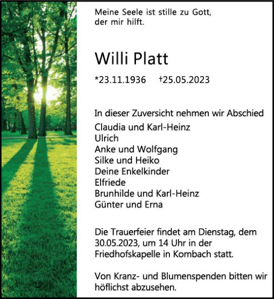 Traueranzeige von Willi Platt von Hinterländer Anzeiger