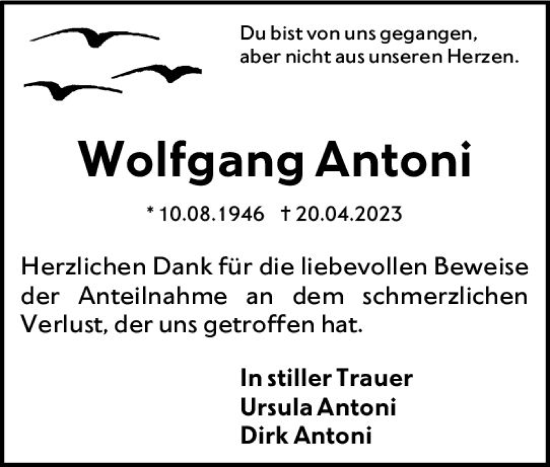 Traueranzeige von Wolfgang Antoni von Hochheimer Zeitung