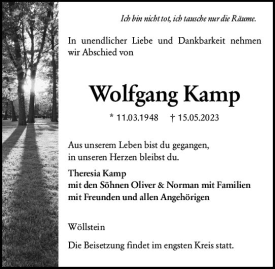 Traueranzeige von Wolfgang Kamp von Allgemeine Zeitung Alzey