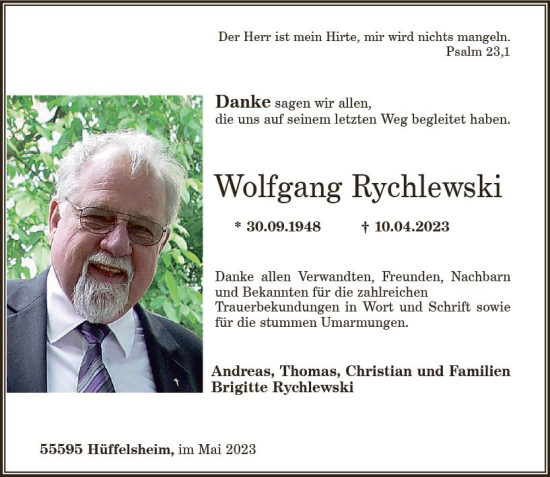 Traueranzeige von Wolfgang Rychlewski von Allgemeine Zeitung Bad Kreuznach