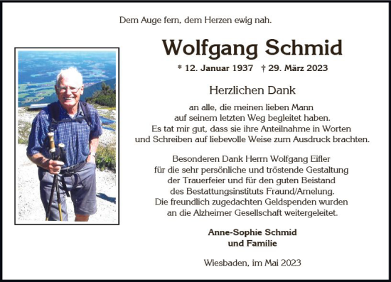 Traueranzeige von Wolfgang Schmid von Wiesbadener Kurier