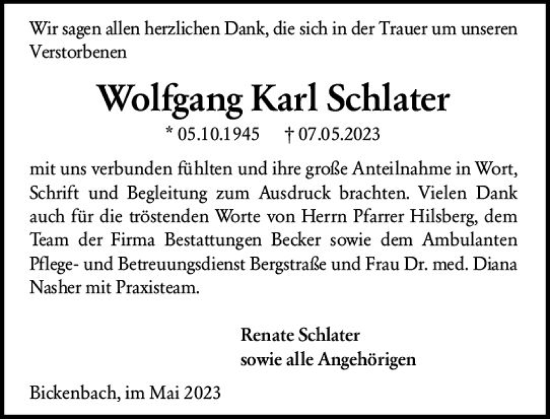 Traueranzeige von Wolfgang Karl Schlater von Darmstädter Echo