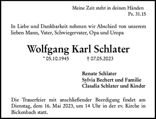 Traueranzeige von Wolfgang Karl Schlater von Darmstädter Echo