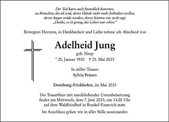 Traueranzeige von Adelheid Jung von Nassauische Neue Presse