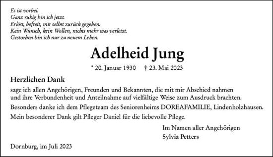 Traueranzeige von Adelheid Jung von Nassauische Neue Presse