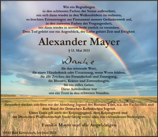 Traueranzeige von Alexander Mayer von Allgemeine Zeitung Bad Kreuznach
