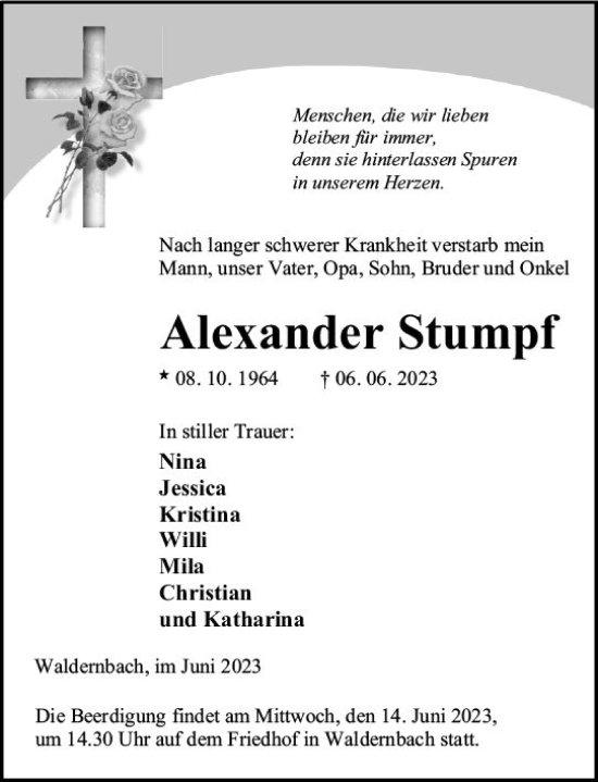 Traueranzeige von Alexander Stumpf von Weilburger Tageblatt